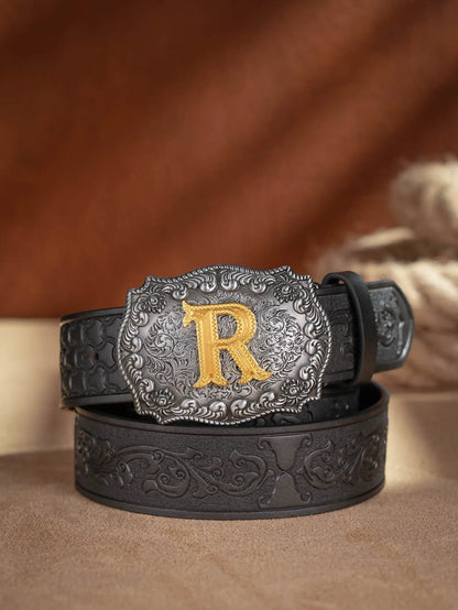 Western Cowboy PU Leather Belt - Men Waist Strap Bull Decoration Floral Engraved for Jeans