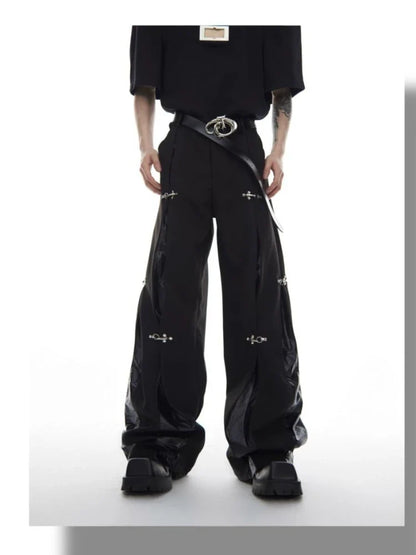 Mens Trousers Harajuku Deconstructed Streetwear Metal Buckle Suit Pants Leather Patchwork Straight Leg Loose Fit Draped Casual