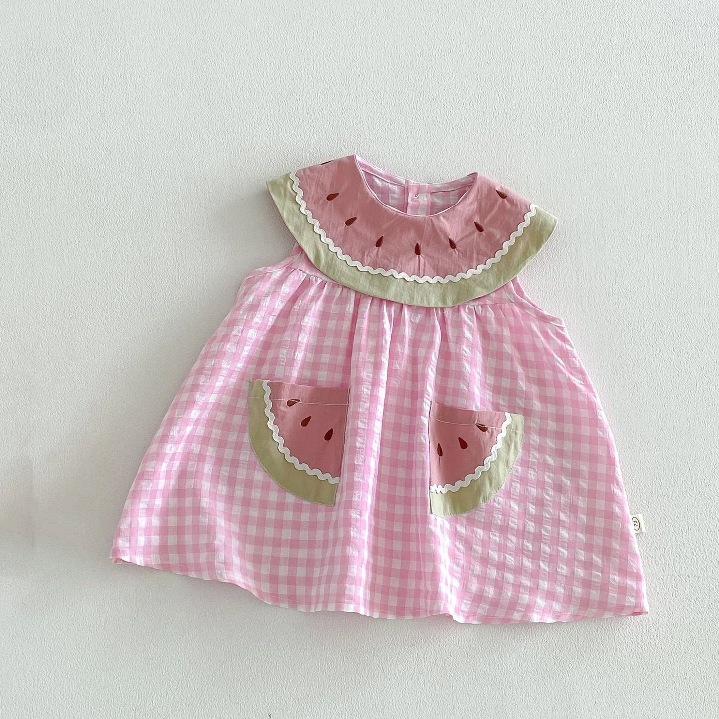 2026 New Summer Sweet Style Kids Dress Pink Watermelon Plaid Dress for Girls Sleeveless Lightweight Children Clothes