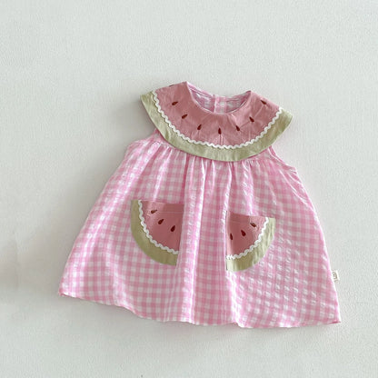2026 New Summer Sweet Style Kids Dress Pink Watermelon Plaid Dress for Girls Sleeveless Lightweight Children Clothes