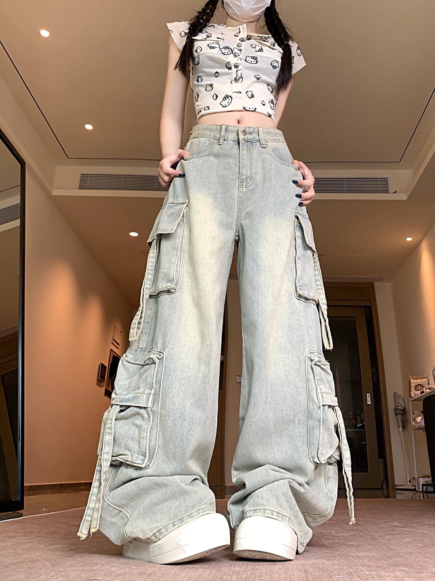 Women's Blue Multi Pocket Cowboy Pants Cargo Y2K Japanese Harajuku Streetwear Aesthetics Retro 90S Jeans Pants Clothing 2025 New