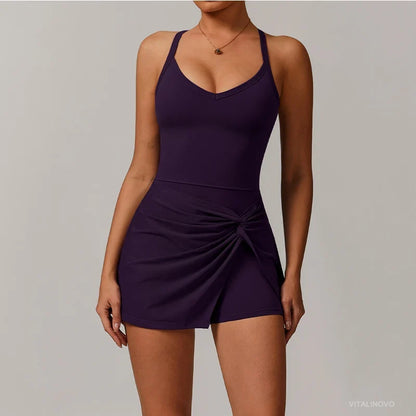 Womens Tennis Dress with Shorts Underneath Workout Dress with Built-in Bra Deep V Neck Athletic Dresses Golf Dress