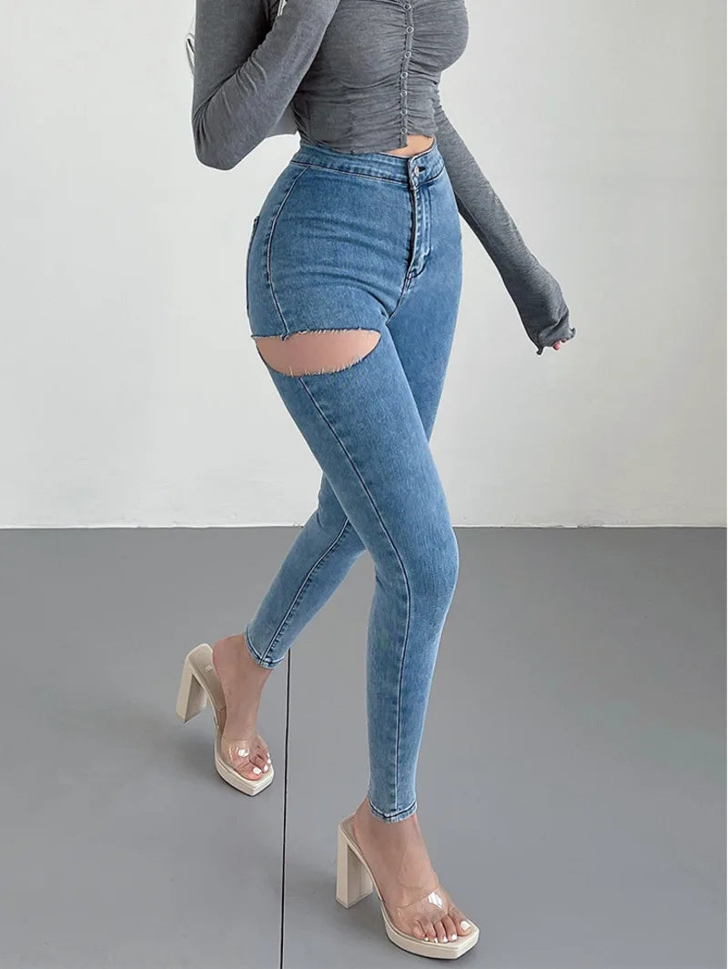 American Spicy Girls Sexy Hole Jeans Slim High Waist Elastic Feet Pencil Pants Trousers Fashion Women BOF8