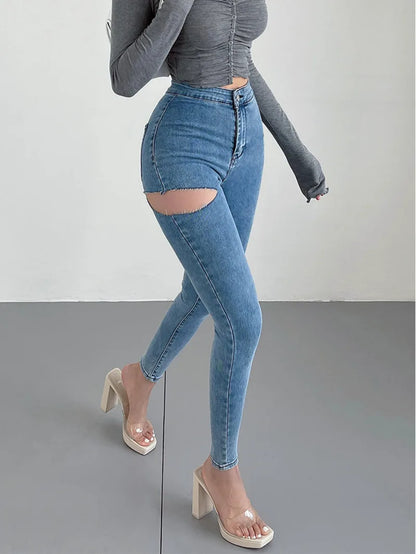 American Spicy Girls Sexy Hole Jeans Slim High Waist Elastic Feet Pencil Pants Trousers Fashion Women BOF8