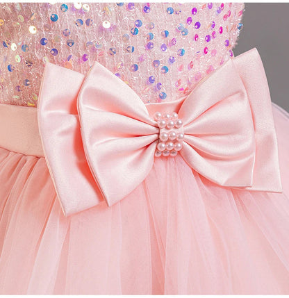 Fashion Birthday Dress Lace Mesh Bow Kids Girls Sequin Dress Summer Children Clothing Princess Ball Gown Pageant 1-6 Years
