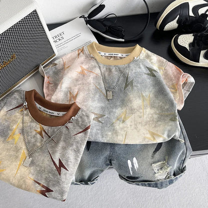 Children Handsome Suit Casual Clothes Summer New Zaidan Lightning T-shirt with Necklace+ Ripped Jeans 2Pcs/set Infant Tracksuits