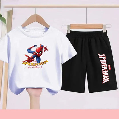 2026 Children's Sports Outfit with Spider Pattern Cartoon Print - T-shirt + Shorts Set, Suitable for Children Aged 3 To 13.