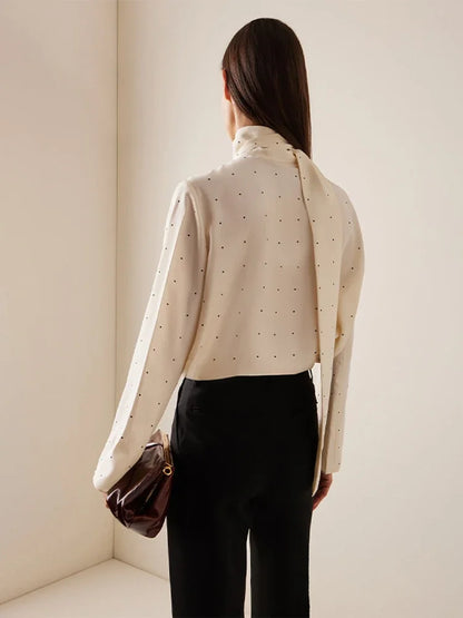 Satin Scarf Neck Polka Dot Printing Women Blouse Full Sleeve Loose Basic Shirt Lady Fashion Autumn New Highstreet Commute Wear