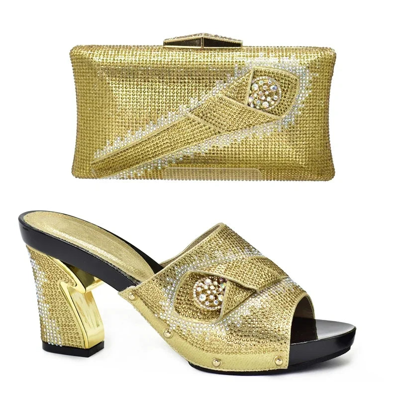Italian Matching Shoes and Bag Set Decorated with Rhinestone African Shoes and Bag Set for Wedding High Quality Shoes Bag