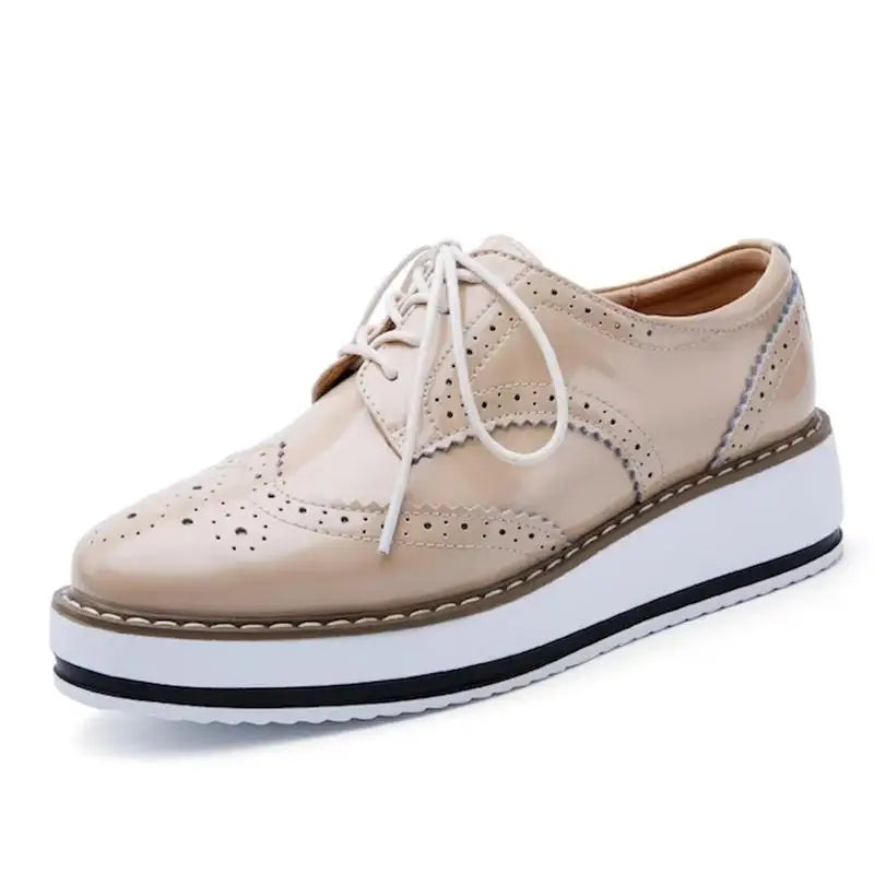 Women's Oxford Flats - Genuine Leather Wingtips Lace-Up Comfort Brogue Derby Patent Platform Casual Shoes for Spring Autumn