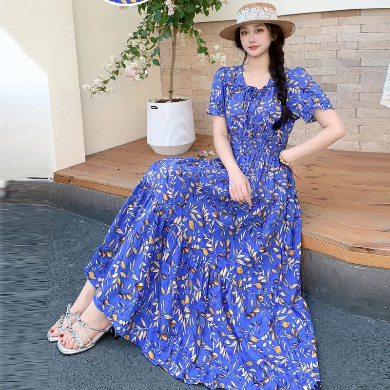 Summer New Cotton Silk Floral Print Maxi Dr ort Sve Beachwear High Waist Young Women's Large Skirt Swing Dr