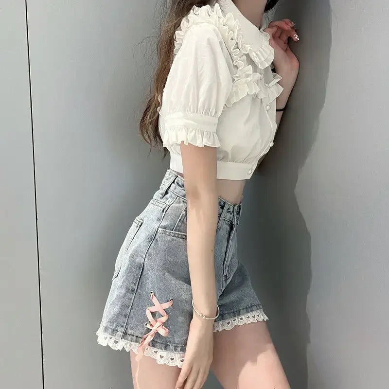 Aesthetic Design Short Jean Pants Woman Wide Lace Denim Shorts for Women Korean Style Hot Summer Low Price XL Outfits Wholesale