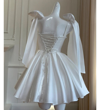 White Satin Bow Spaghetti Straps Cocktail Dresses A Line Knee Length Short Party Dresses Homecoming Dresses Formal Prom Gowns