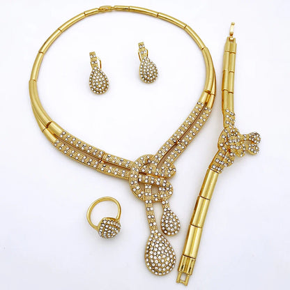 Dubai Gold Color Women Jewelry Sets Classic Design Necklace Earrings Charm Bracelet Ring  Banquet Party Jewelry 18K Gold Plated