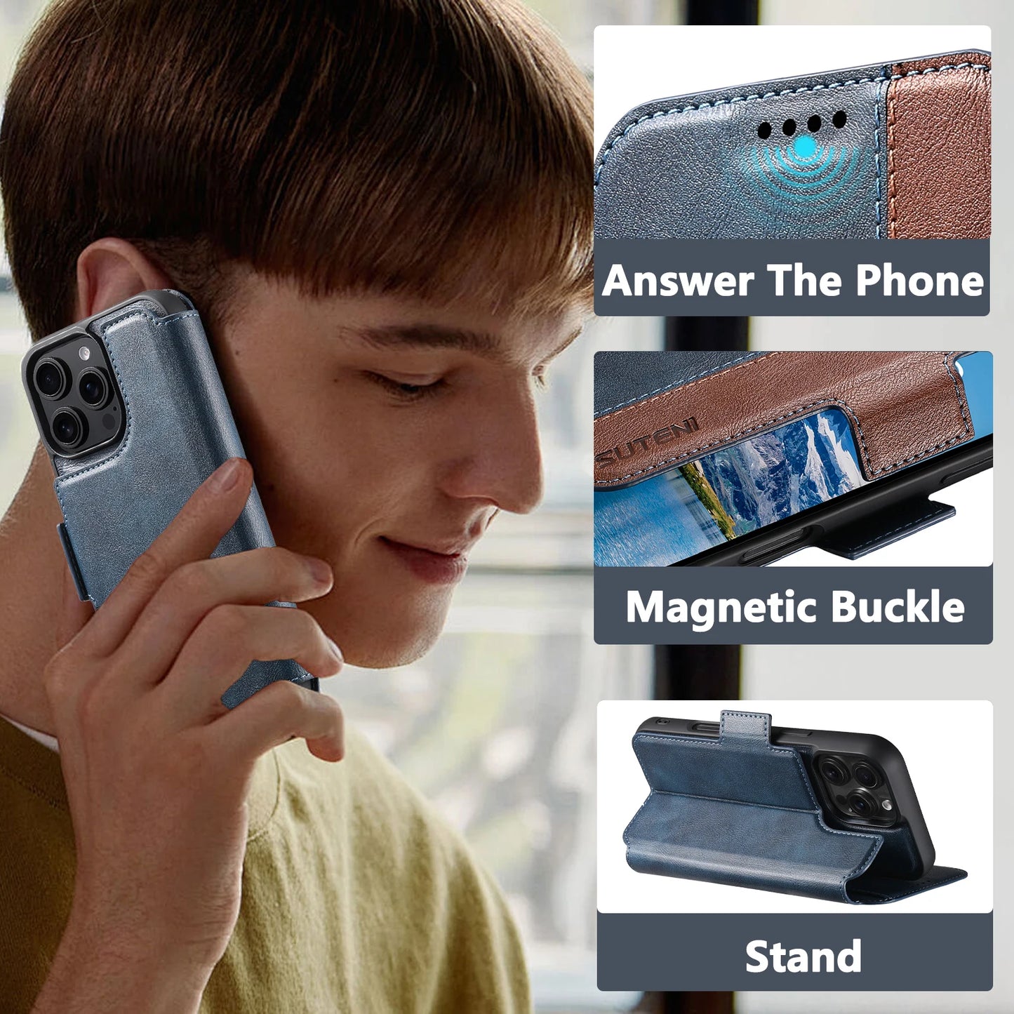 Faux Leather Wireless Charging Card Holder Stand Wallet Magnetic Flip Cover Phone Case For iPhone 16 Pro Max 15 Plus 14