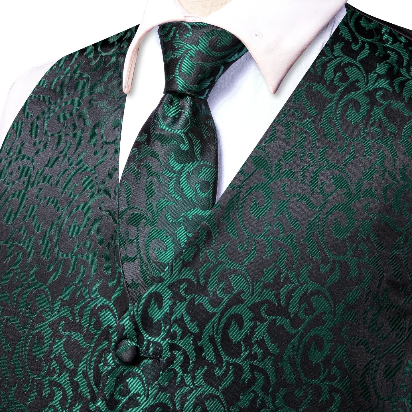 Men's Silk Vests Fashion Dark Green Floral Jacquard Handkerchief Cufflinks Necktie Sleeveless Wistcoat Sets Wedding Party