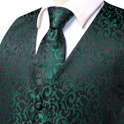 Men's Silk Vests Fashion Dark Green Floral Jacquard Handkerchief Cufflinks Necktie Sleeveless Wistcoat Sets Wedding Party