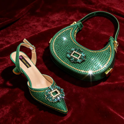Blue Color Rhinestone Comfortable high heel shoe And Bag Fashion Style Pointed-Toe Shoes For Women Or Commuting Shoes