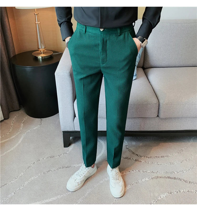 2024 Autumn New Waffle Stretch Waist Business Formal Pants Men Fashion Wedding Slim Trouser Mens Brand Social Party Suit Pants