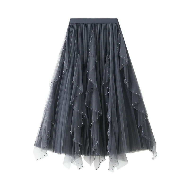 Women's Lotus Leaf Edge A Line Fairy Elastic Waist Tulle Skirt Midi High Waist Mesh Dress Solid Color Irregular Yarn Skirt D8808