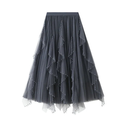 Women's Lotus Leaf Edge A Line Fairy Elastic Waist Tulle Skirt Midi High Waist Mesh Dress Solid Color Irregular Yarn Skirt D8808