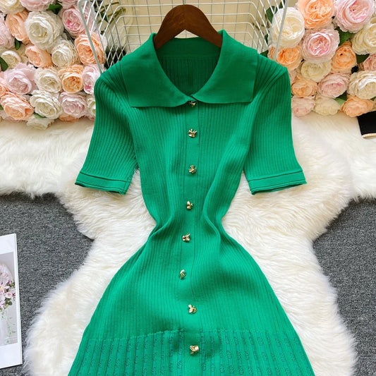 Brand Fashion Vintage Turn-down Collar Knit Maxi Dress Elegant Single-breasted A-line Long Shirt Dress Lady Vestidos