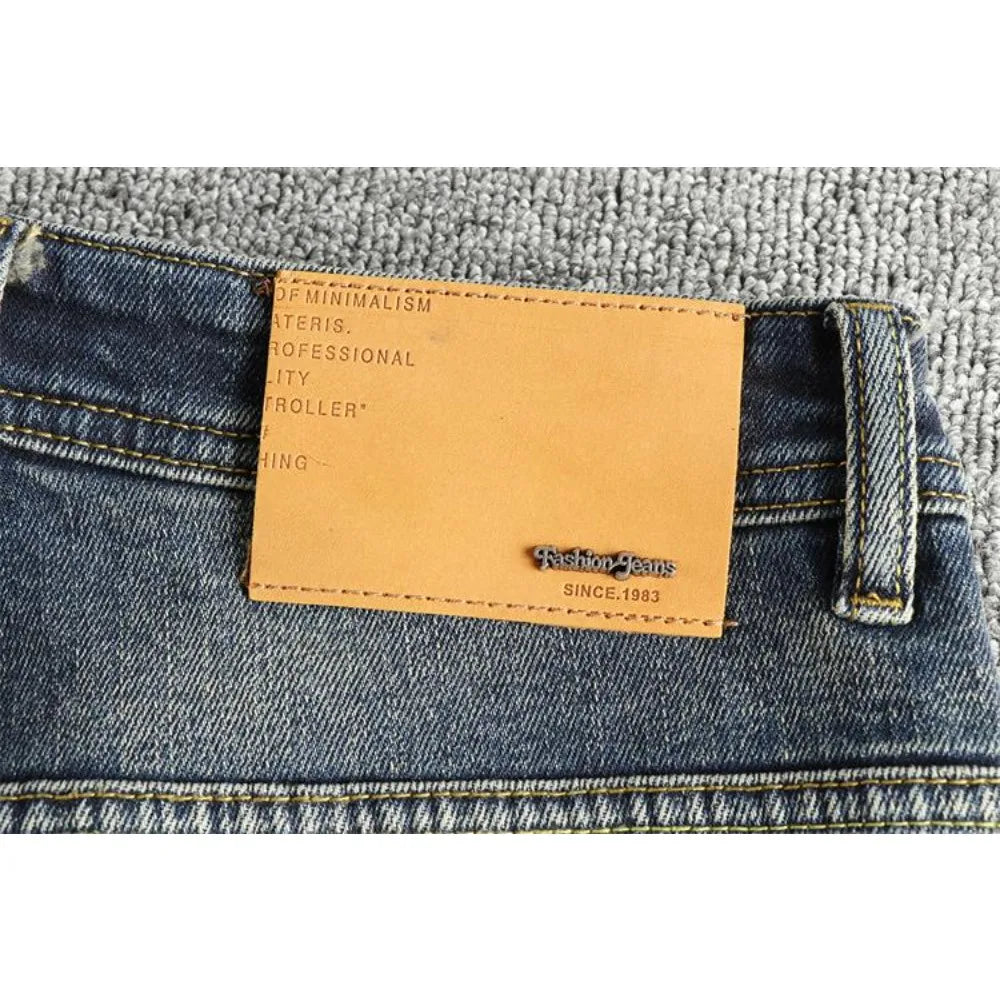 Retro blue wash-fried cat whisker jeans men's high-end custom fabric American fashion brand youth nine-point pants