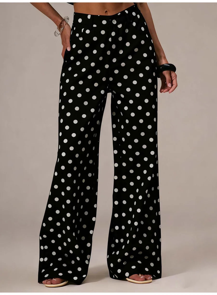 Spring Autumn High Wasit Jeans Pants Women 2026 Fashion Vintage Polka Dot Print Wide Legging Denim Trousers Bottoms Casual