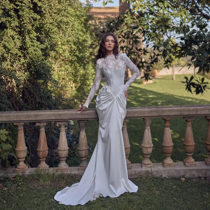 Luxury Wedding Dresses Long Sleeve White Mermaid Satin Corset Bridal Gowns Split Applique Wedding Party Gowns Customized