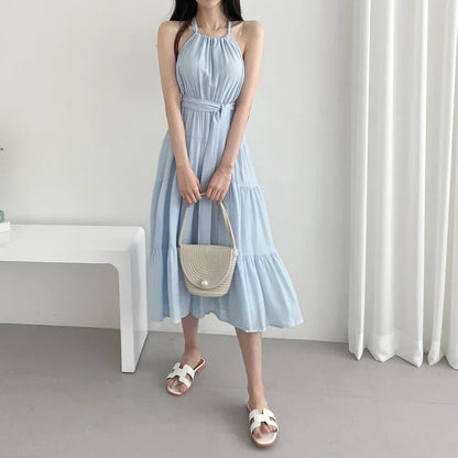 Korean Style Summer Slimming Necktie Waist Cinched Sleeveless Vest Long Dress Women's Fashionable Commute Style Inner Wear