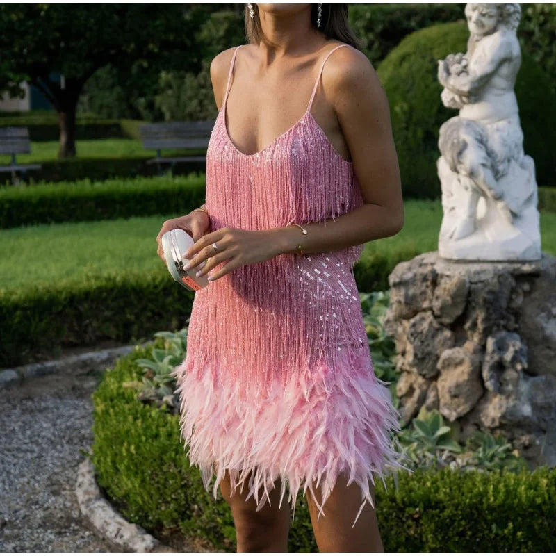 2025 New Sexy Tassel Sequins Feather Mini Dress Women Spaghetti Strap Stitching Dresses Female Elegant Evening Party Club Dress
