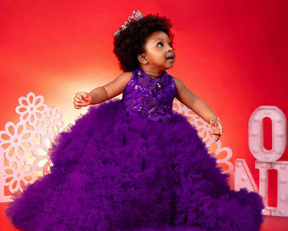 Luxury Red Ruffles Flower Girl Dresses Sequined Princess Customized Baby Girls First Birthday Party Pageant Dress For Wedding