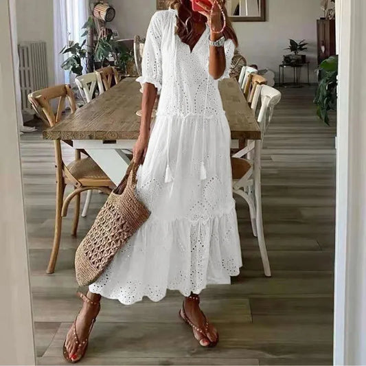 Summer Cotton White Dress for Women Casual Hollow Crochet Bohemian Loose Beach Long Dress Ladies Plus Size Holiday Ruffles Dress