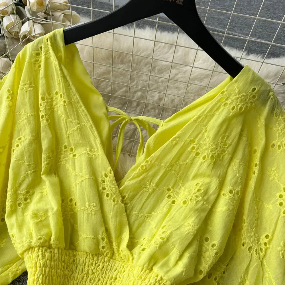 White/Purple/Blue V Neck Summer New Lace Embroidery Dress Women Short Sleeves Dresses Female Vintage Party Beach Midi Dresses