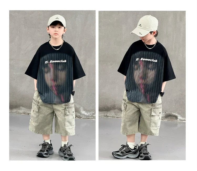 New Summer Korean Children Fashion Suit for Teen Boy Cotton Top And Bottom Set Kids Casual Tshirt Shorts 2PCS Clothing Set 7-16Y