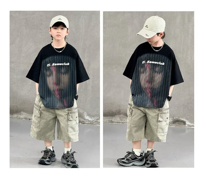 New Summer Korean Children Fashion Suit for Teen Boy Cotton Top And Bottom Set Kids Casual Tshirt Shorts 2PCS Clothing Set 7-16Y