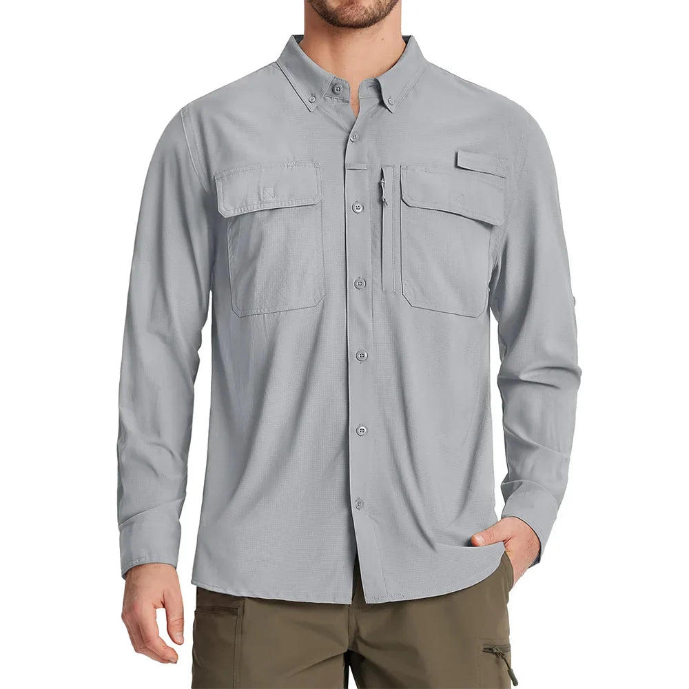 UPF 50+ Sun Protection Fishing Shirts Men's Quick Dry Long Sleeve Shirts Mesh Breathable Hiking Work Cargo Shirts