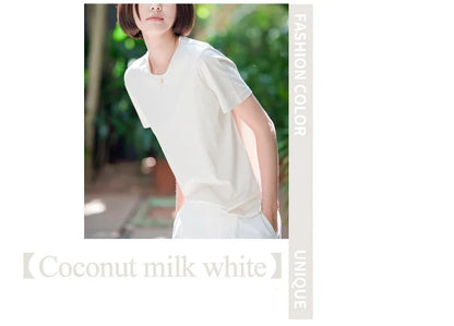 6% Real Silk Cotton Modal Women's T-shirt 2026 Summer Tees Short Sleeve Solid Tee Shirts V-neck Casual Woman Basic T shirt Tops