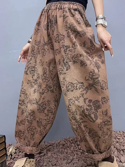 2025 Floral Spring Ladies Printed Classic Elegant Harem Pants Casual Fashion Jeans Vintage Loose Women Denim Trousers