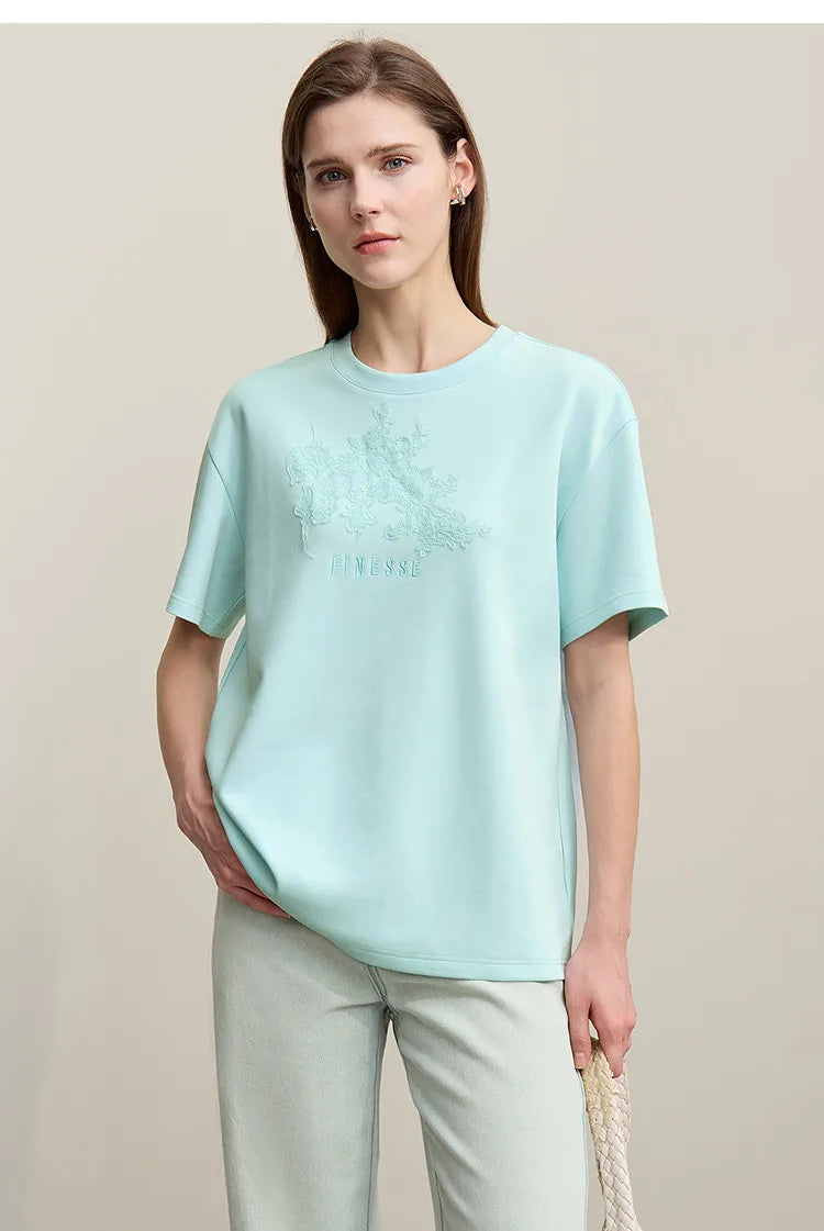 Women's T-Shirt 2026 Summer New Round Neck Drop Shoulder Cotton Tee Lace Embroidered Woman Loose Fit knit Tops 12622048