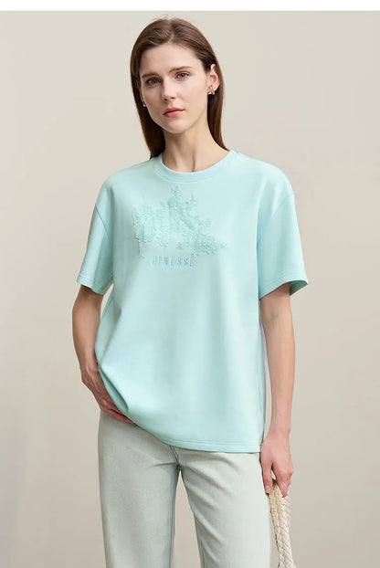 Women's T-Shirt 2026 Summer New Round Neck Drop Shoulder Cotton Tee Lace Embroidered Woman Loose Fit knit Tops 12622048