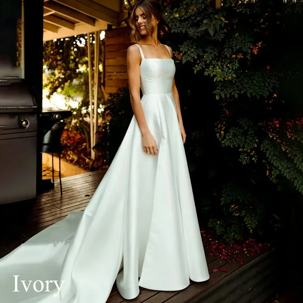 Classic Long White Wedding Dress A-Line Square Collar Spaghetti Straps Formal Pleat  Vintage Backless High Silt Grown Customized