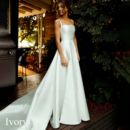 Classic Long White Wedding Dress A-Line Square Collar Spaghetti Straps Formal Pleat  Vintage Backless High Silt Grown Customized