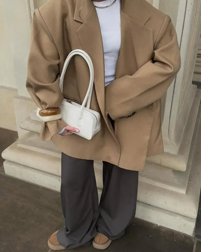 Chic Oversized Lapel Double Breasted Ruched Blazer Women 2026 Spring Khaki Elegant Puff Sleeve Casual Soft Daily Wear Outerwear