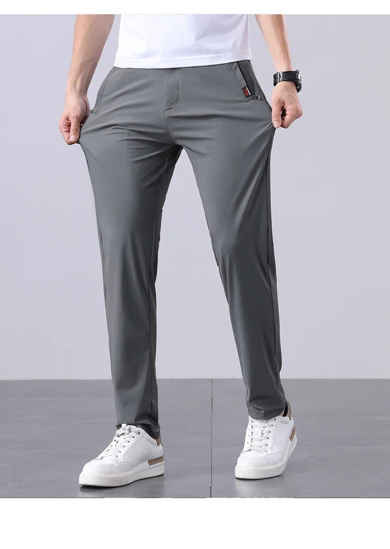 Summer New Men's Ice Silk Pants Korean Y2K All Match Elastic Sweatpants Office Business Casual Fashion Straight Suit Trousers