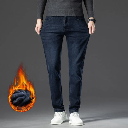 Men's Thicken Fleece Straight Jeans Winter Business Casual Stretch Denim Pants Warm Plush Brand Trousers Pans Male Classic