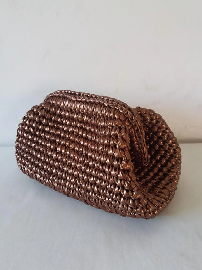 Yingzi Silver Cloth Strip Crochet Clip Bag Woven Underarm Bag Metallic Lustre Clutch Large Size Bag