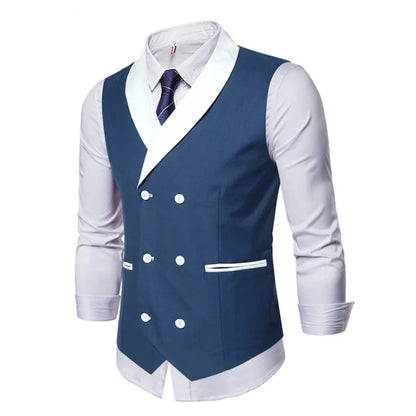 Men Vest Gray With White Lapel And Pocket Double Button Waistcoat For Wedding Birthday Banquet Business Daily Men Suit Vest