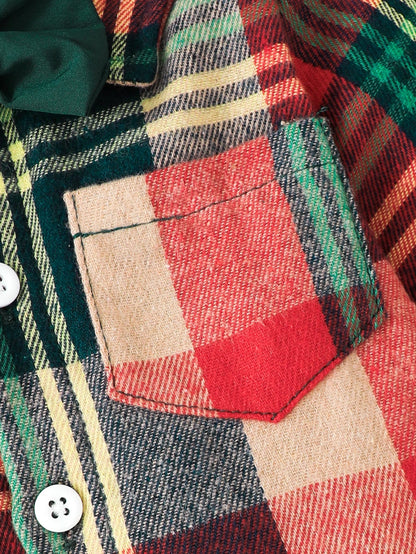 3PCS，Baby Christmas set: Plaid long sleeve Jumpsuit with detachable bow tie+Santa decorative Suspenders，Casual comfort.
