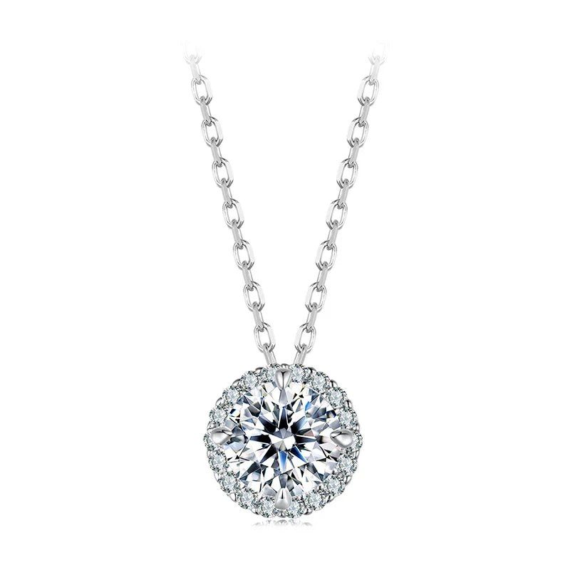 925 Sterling Silver Round Halo Moissanite Necklace, White Gold Plated Classic Elegant Necklace Engagement Jewellry Gift
